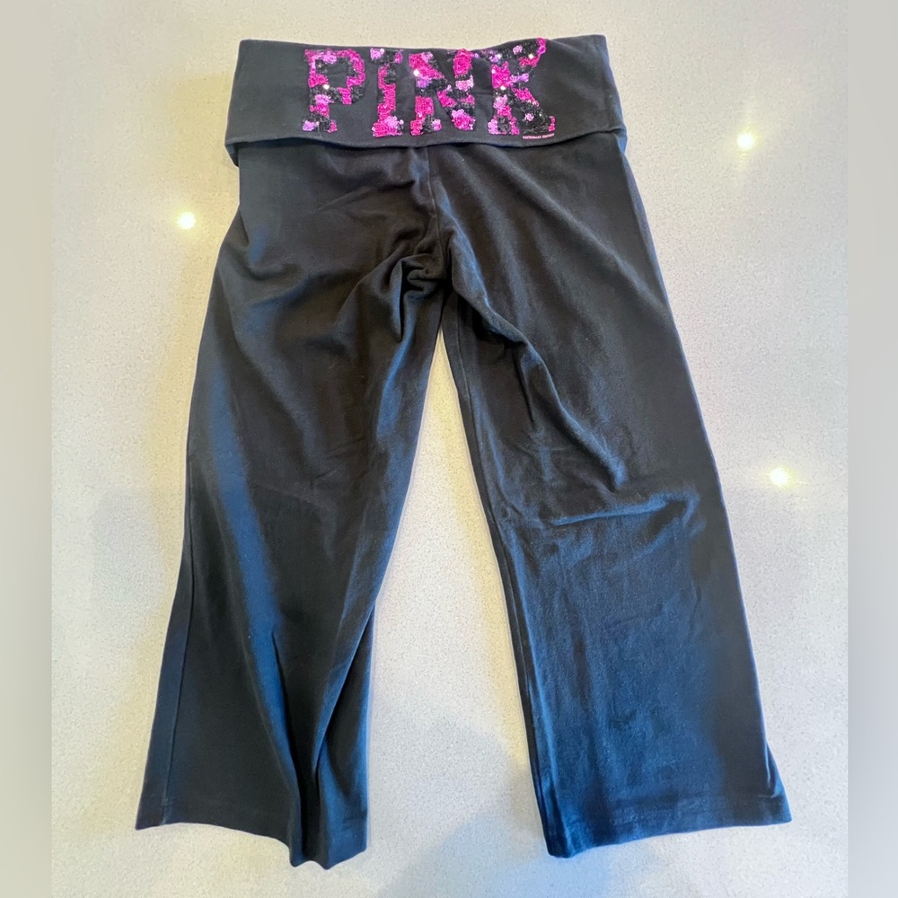 PINK Victoria Secret Foldover Yoga Crop Sequin Cheetah Print Sz Small